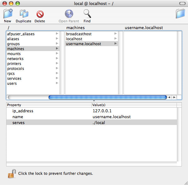 NetInfo Manager Screenshot with username.localhost Subdomain
